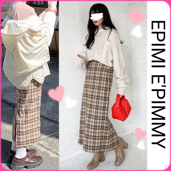 EPIMI E'PIMMY チェック ロング ナロースカート 薄手 タイト ペンシル スカート ウエスト後ろゴム