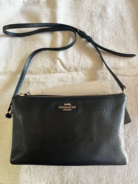 COACH コーチ ダブルジップ ショルダーバッグ ブラック 本革 クロスボディ 斜めがけ 黒 レシートあり