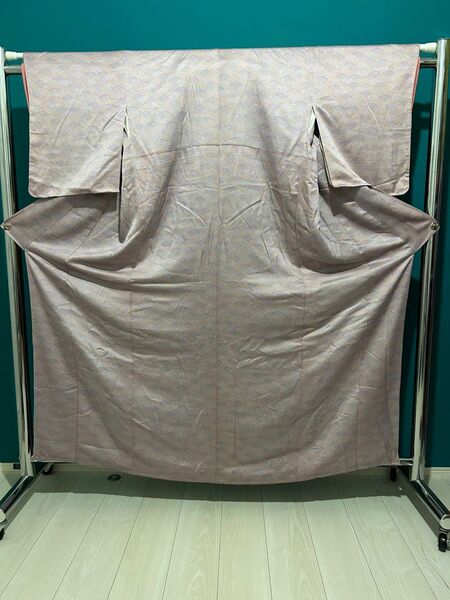 レディース着物5 小紋着物 波模様 薄紫オレンジ 正絹 紬 麻 浴衣 好きな方へ