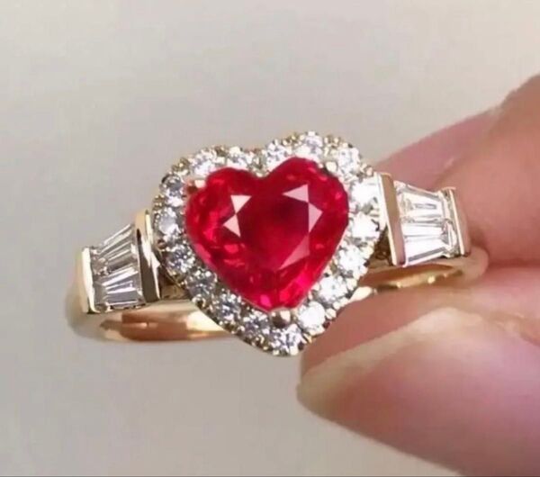 人気デザイン☆早い者勝ち超特価☆ハートカット☆ルビーCZ&ダイヤモンドCZイタリーファッションリング