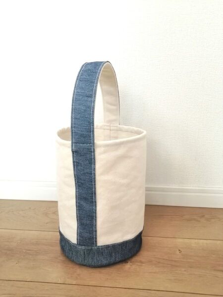 直径18cm バケツバッグ ワンハンドルバッグ 8号帆布×デニム ハンドメイド