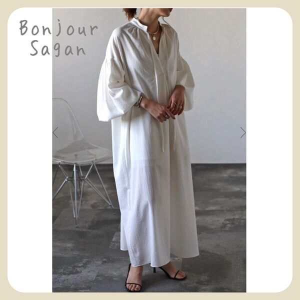 ◇◇残りわずか◇◇ 【新品タグ付き】リネンライクボリュームスリーブワンピース / オフホワイト Bonjour sagan