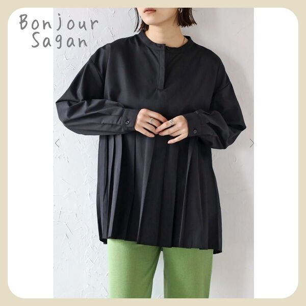 【新品タグ付き】プリーツ切替バンドカラーシャツ / ブラック Bonjour Sagan