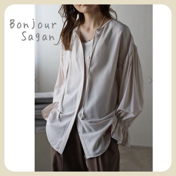◇◇残2◇◇ 【新品タグ付き】前後2WAY袖シャーリングブラウス / ライトベージュ Bonjour Sagan