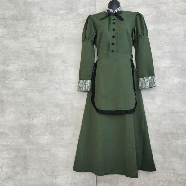 美品★ロングワンピース 長袖メイド ロリータ 緑カーキ 黒 レース M相当