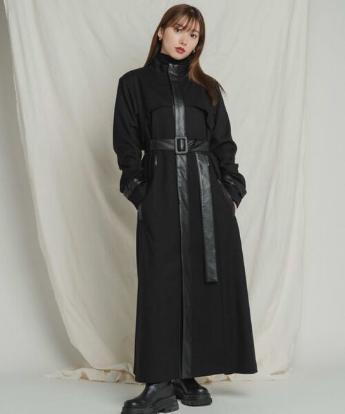 【UNISEX】Crop Layer Long Coat / BLACK / L ステンカラーコート トレンチコート ロングコート
