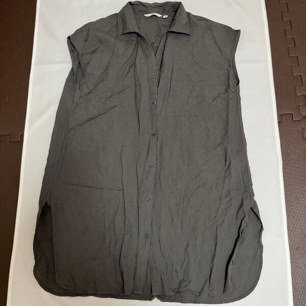 ユニクロ リネンブレンドロングシャツ ノースリーブ シャツ ダークグレー S トップス