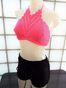  pink knitted & black shorts separate halter-neck lady's swimsuit M size new goods 