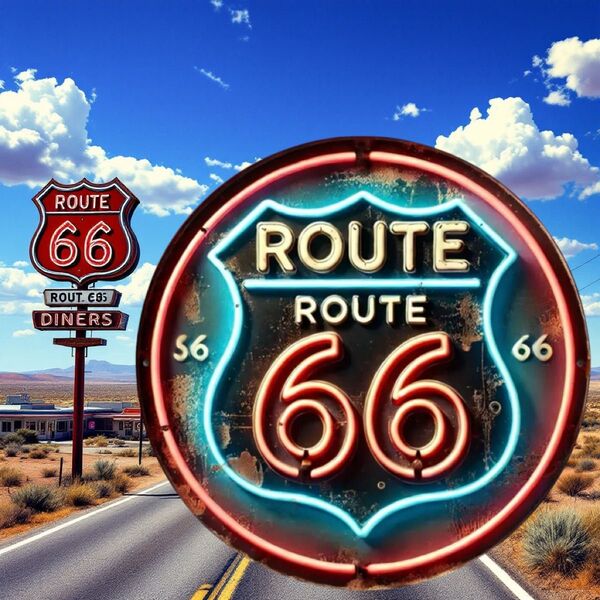 K443 ROUTE66 円形レトロブリキ看板 アメリカ雑貨 ネオン風サイン ウォールデコレーション インテリア