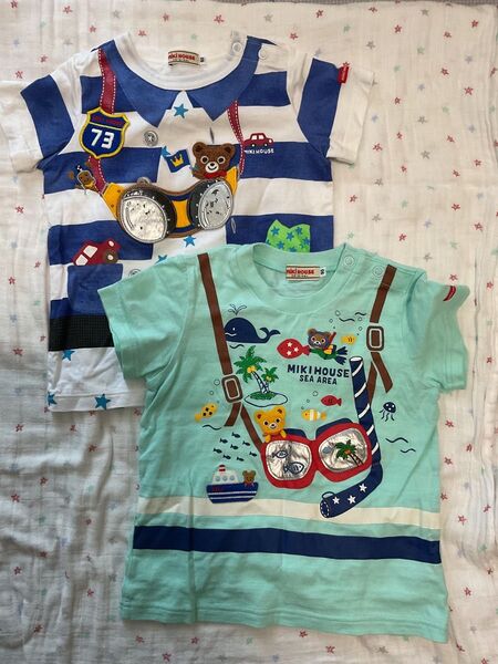 ミキハウス 豪華騙し絵Tシャツ 90サイズ 訳あり美品 2枚セット ベビー服 半袖Tシャツ 子供服 カットソー