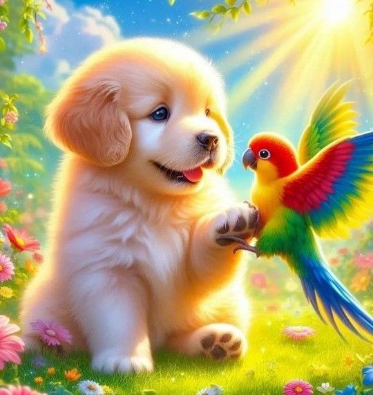 新品ダイヤモンドアート30×30仲良し小鳥と子犬 インコ 犬 レトリバー 作成キット
