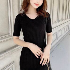 【michellMacaron】FirstmacaronVネックリブニットワンピース