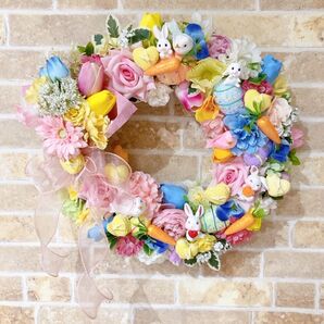 フラワーリース小さな花束がついたホッコリ可愛いイースターリース造花リース