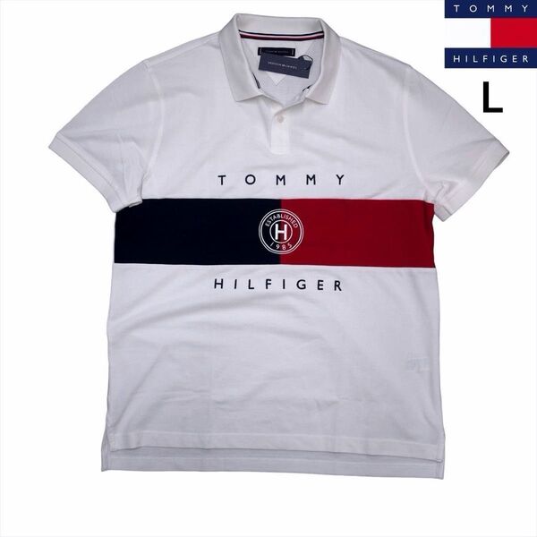 新品 トミーヒルフィガー L 刺繍ロゴストレッチ ポロシャツ 白 ゴルフにも TOMMY HILFIGER