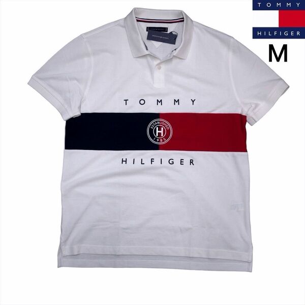 新品 トミーヒルフィガー M 刺繍ロゴストレッチ ポロシャツ 白 ゴルフにも TOMMY HILFIGER