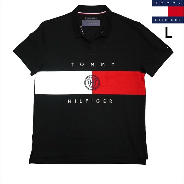 新品 トミーヒルフィガー L 刺繍ロゴストレッチ ポロシャツ 黒 ゴルフにも TOMMY HILFIGER