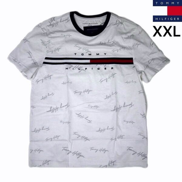 新品 トミーヒルフィガー リンガー 半袖 Tシャツ XXL マルチロゴ 白 TOMMY HILFIGER