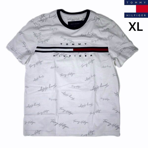 新品 トミーヒルフィガー リンガー 半袖 Tシャツ XL マルチロゴ 白 TOMMY HILFIGER