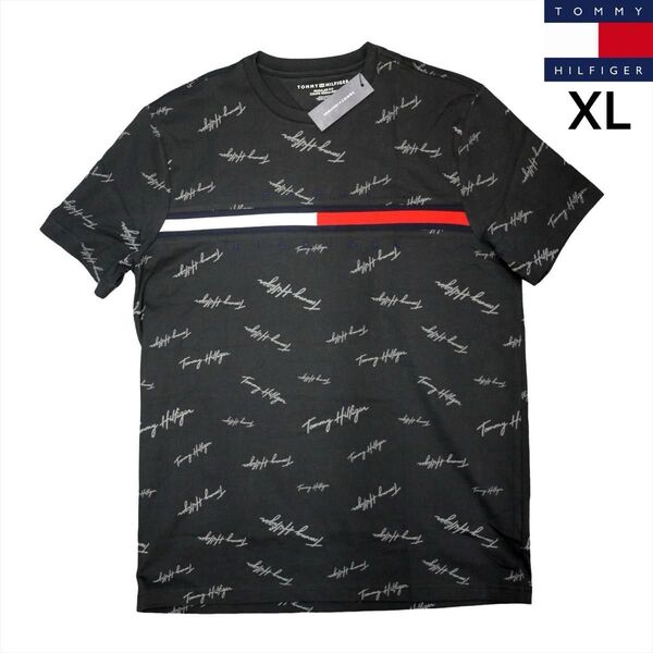 新品 トミーヒルフィガー リンガー 半袖 Tシャツ XL マルチロゴ 黒 TOMMY HILFIGER