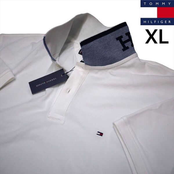新品 トミーヒルフィガー XL 襟ロゴ ポロシャツ 白 ゴルフにも TOMMY HILFIGER