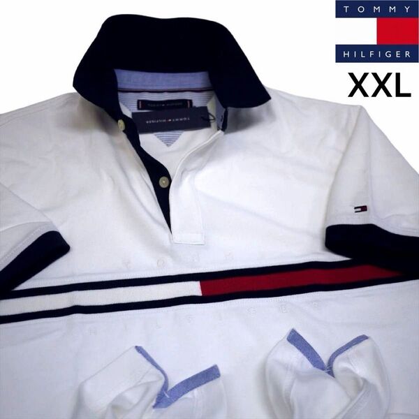 新品 トミーヒルフィガー 刺繍ロゴ ポロシャツ XXL ホワイト ゴルフにも TOMMY HILFIGER