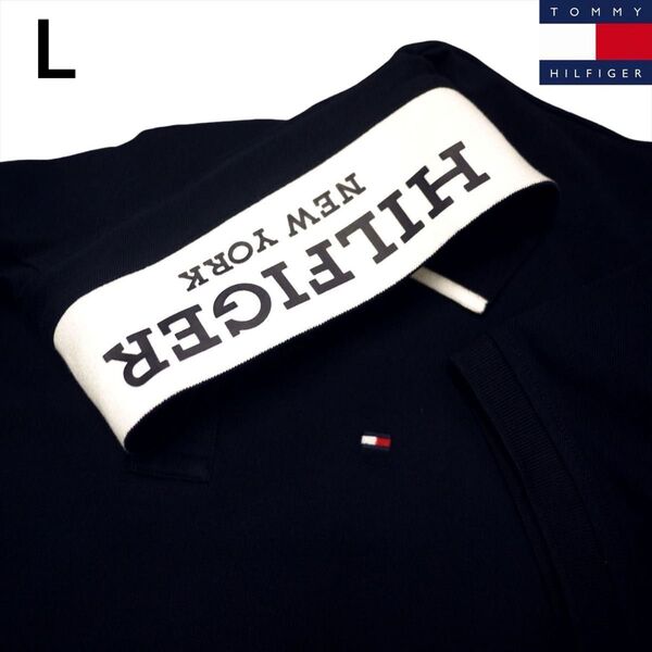 新品 トミーヒルフィガー L 刺繍ロゴストレッチ ポロシャツ 紺 ゴルフにも TOMMY HILFIGER