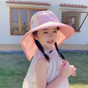 帽子 キッズ ピンク ハット 首元カバー付 UV対策 熱中症対策 サンハット ネックフラップ 子供用
