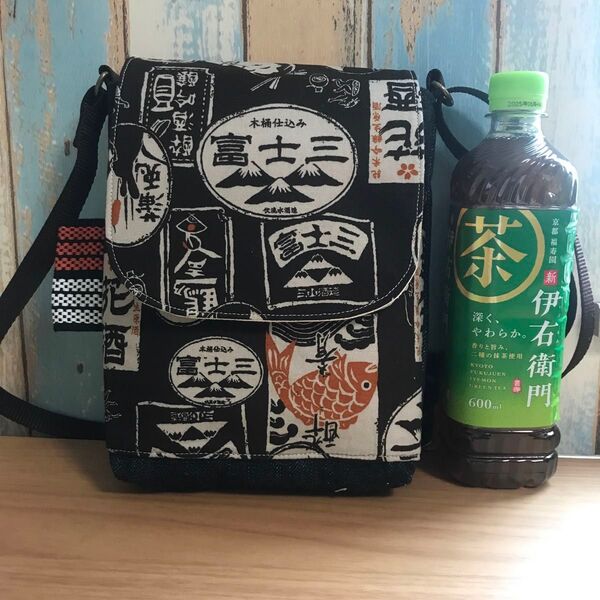 584 焦茶色 茶 昭和 酒屋 看板柄 デニム 帆布 ハンドメイド スマホポーチ