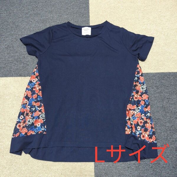 レディース Tシャツ 半袖 カットソー Lサイズ トップス 花柄 ネイビー 半袖Tシャツ