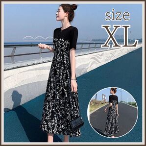 残りわずか! 花柄 ワンピース XL 黒 白 大人かわいい シンプル マタニティ