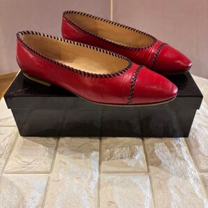#シャネルレッドレザー パンプスフラットシューズ ステッチ入り#37