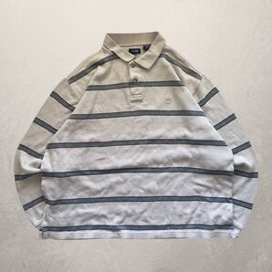 90s インド製 IZOD LACOSTE ボーダーニットポロ ホワイト グレーボーダー 胸ワンポイント刺繍 L