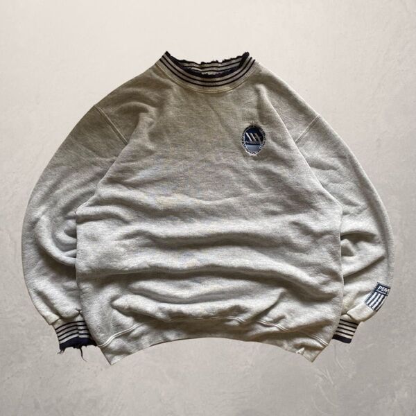 90s USA製 ONEITA ダメージスウェット トレーナー 企業ロゴ 刺繍ロゴ ワンポイント グレー L