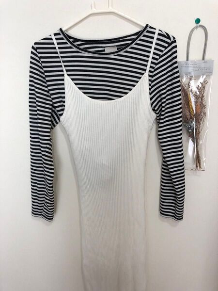 連休セール★新品未使用 H&M ホワイトキャミワンピース リブニットワンピース Mサイズ