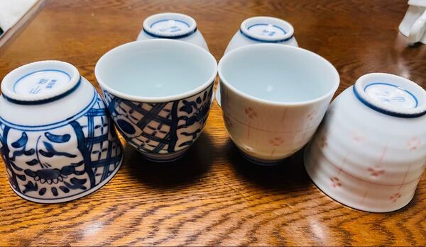 有田焼 彩山 湯呑み 青系2個&花柄4個セット 超美品 湯飲み 染付 茶碗 染付 茶器