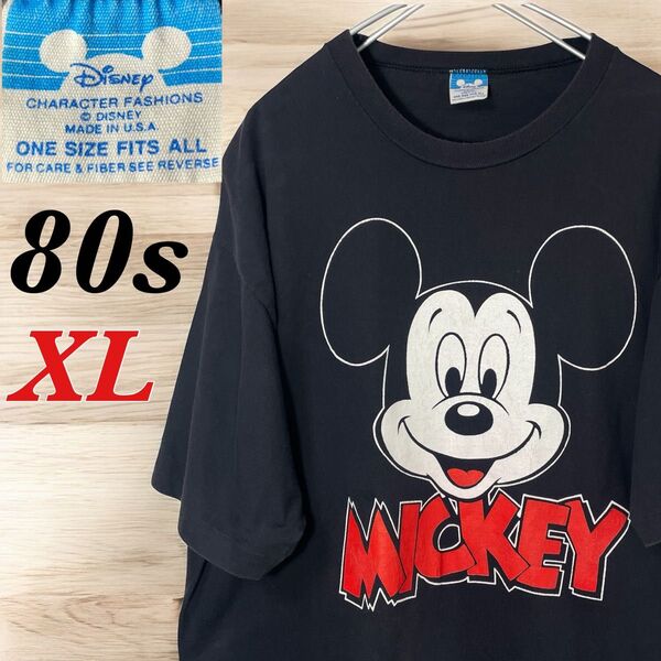 80s Disney BIG FACE MICKEY TEE ONESIZE XL〜2XL USA製 ビンテージ ディズニー