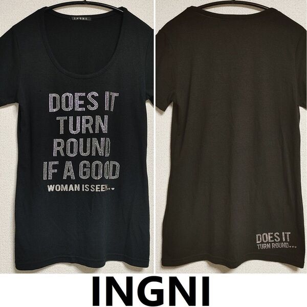 INGNI★ F 黒 ブラック シルバー 英字 ラインストーン プリント Tシャツ カットソー Y2K ギャル 春夏 渋谷 109