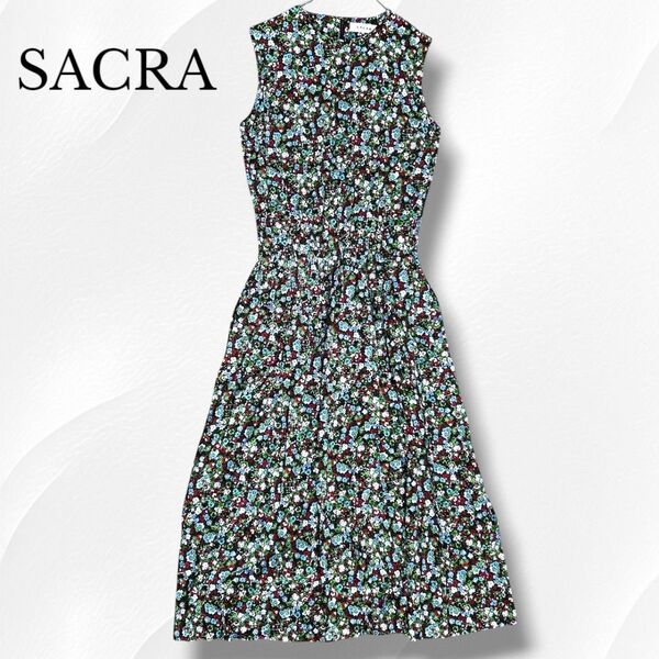 SACRA サクラ フラワープリントワンピース ロングワンピース マキシ Aライン ノースリーブ 花柄 ボタニカル