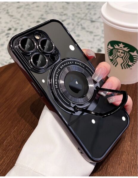 iPhone15plusケース クリア iPhone15proカバー スタンド付き メッキ加工 MagSafe充電 レンズ保護