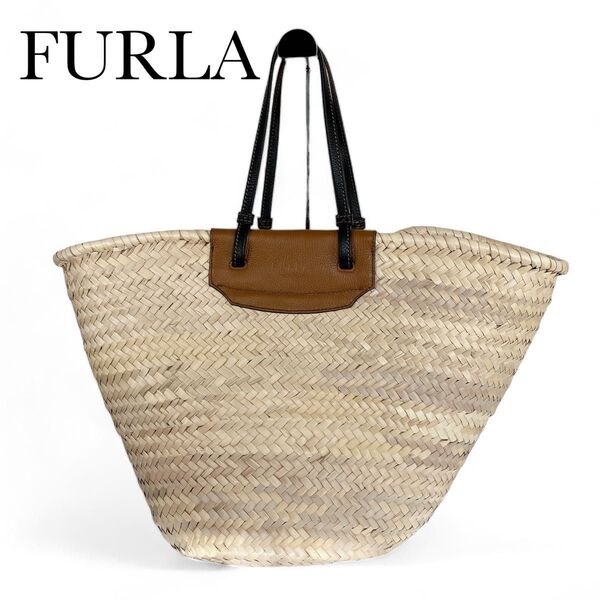 FURLA フルラ メラヴィリア カゴバッグ トートバッグ ストロー ブラウンレザー