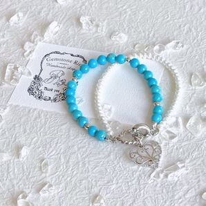 天然石 ターコイズカラーのマグネサイト ブレスレット 2連 パール ハート ハンドメイド