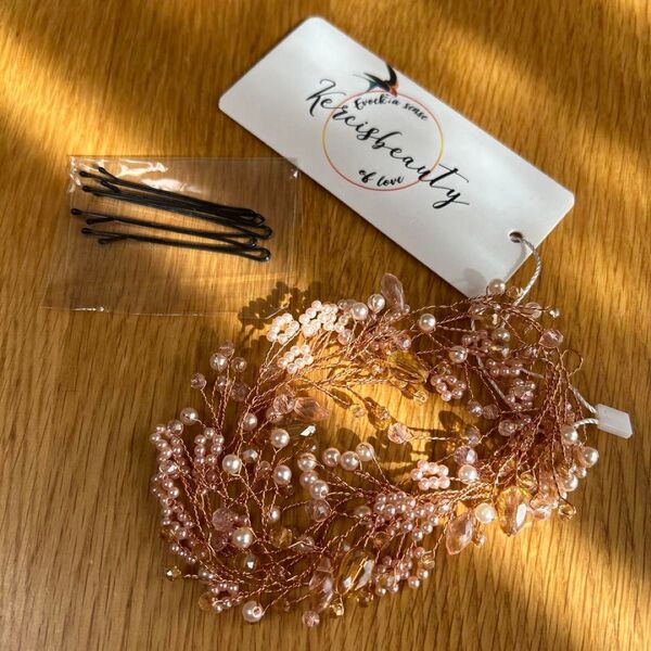 Kricesbeauty 結婚式 長い 髪飾り シャンパン ピンク パール ロージゴルドー ヘッドバンド クリスタル
