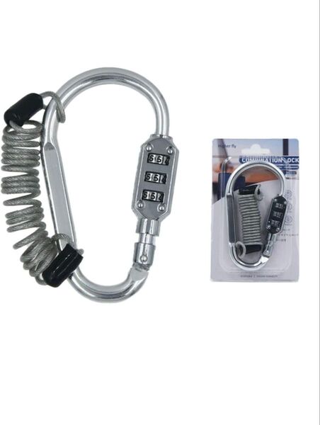 ヘルメットロックワイヤー 大型万能カラビナロック付きセキュリティバイク ヘルメットホルダーダイヤル カラビナ ダイヤル シルバー