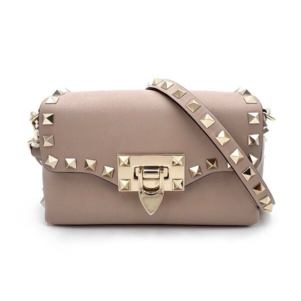 VALENTINO ロックスタッズ ショルダーバッグ レザー ピンクベージュ系