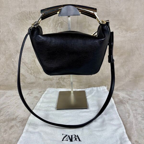 美品 ZARA メタリックハンドル バケットバッグ 2way ザラ レザー 黒