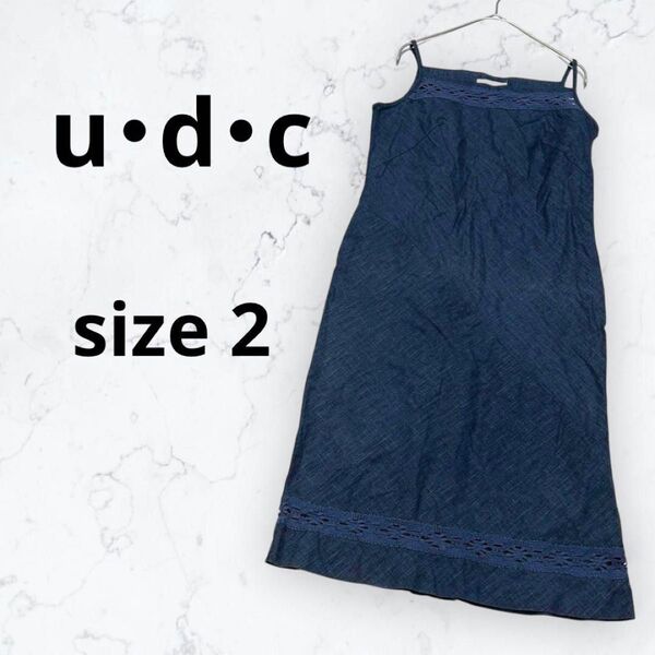 *u・d・c*キャミワンピース ひざ下丈 レース 横ファスナー ネイビー ノースリーブ ひざ丈 夏 レディース