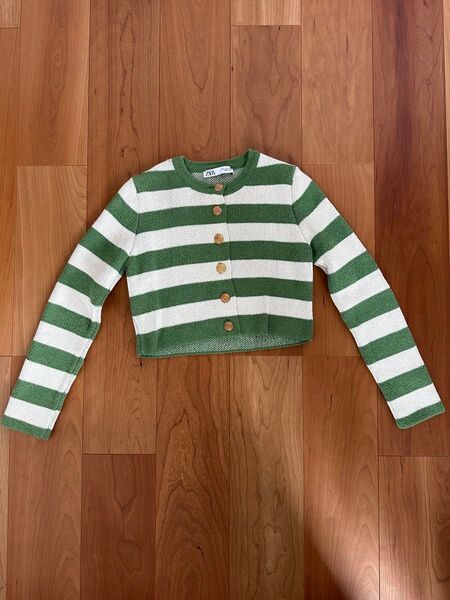 ZARA ボーダー柄カーディガン グリーン×ホワイト S