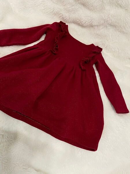 H&M 赤フリル付き長袖ワンピース 2y-4y