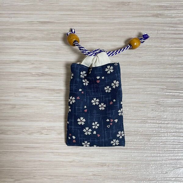 お守り袋 桜 紺 玉付き ☆ ハンドメイド