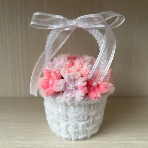 ハンドメイド モールフラワー 籠 ピンク 白 花 推し活 枯れないお花 母の日